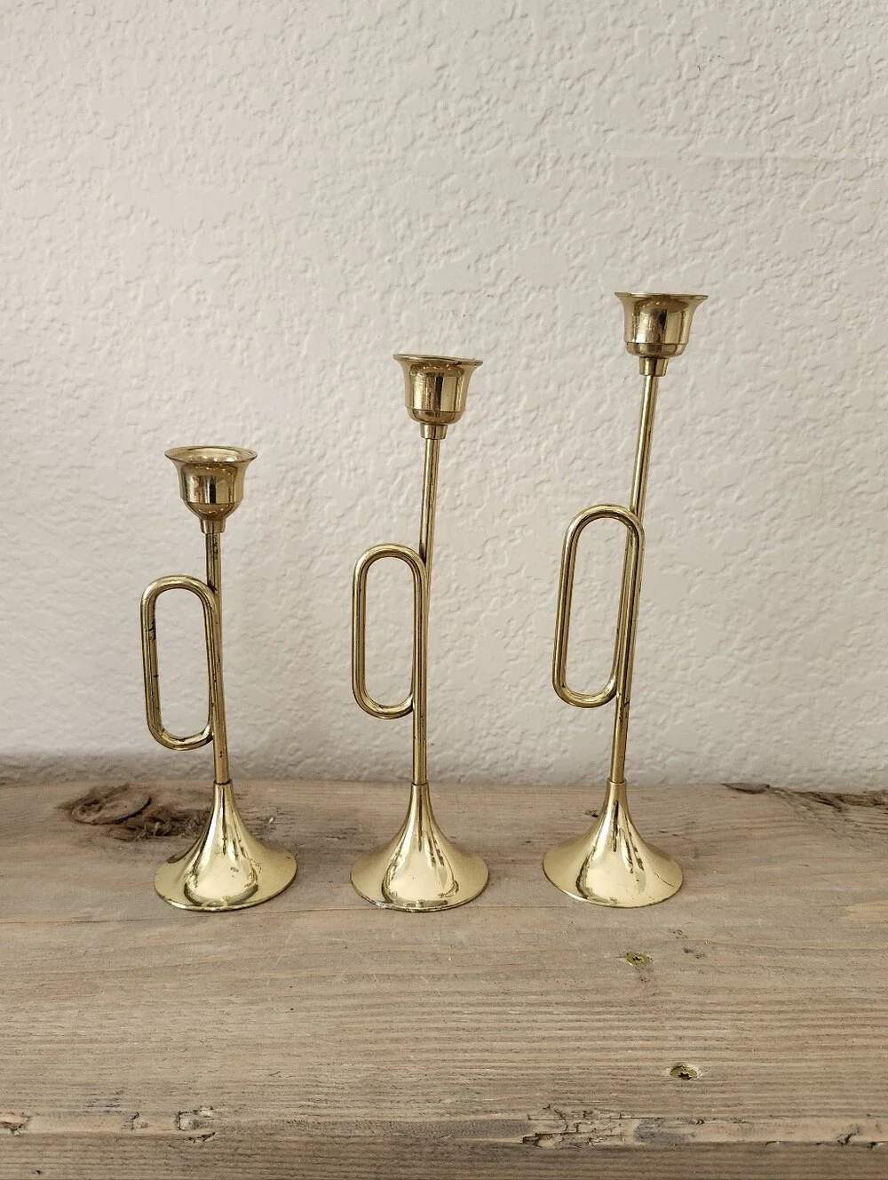 Lot of 3 Vintage Christmas Holiday Brass Horn Candleholders Made in India